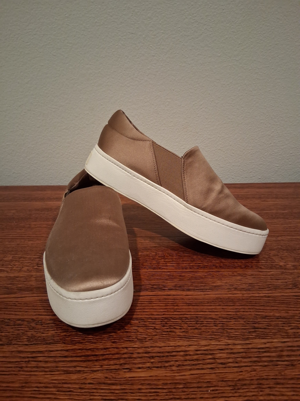 Slip-On Satin Platform Sneakers in Taupe with White Soles